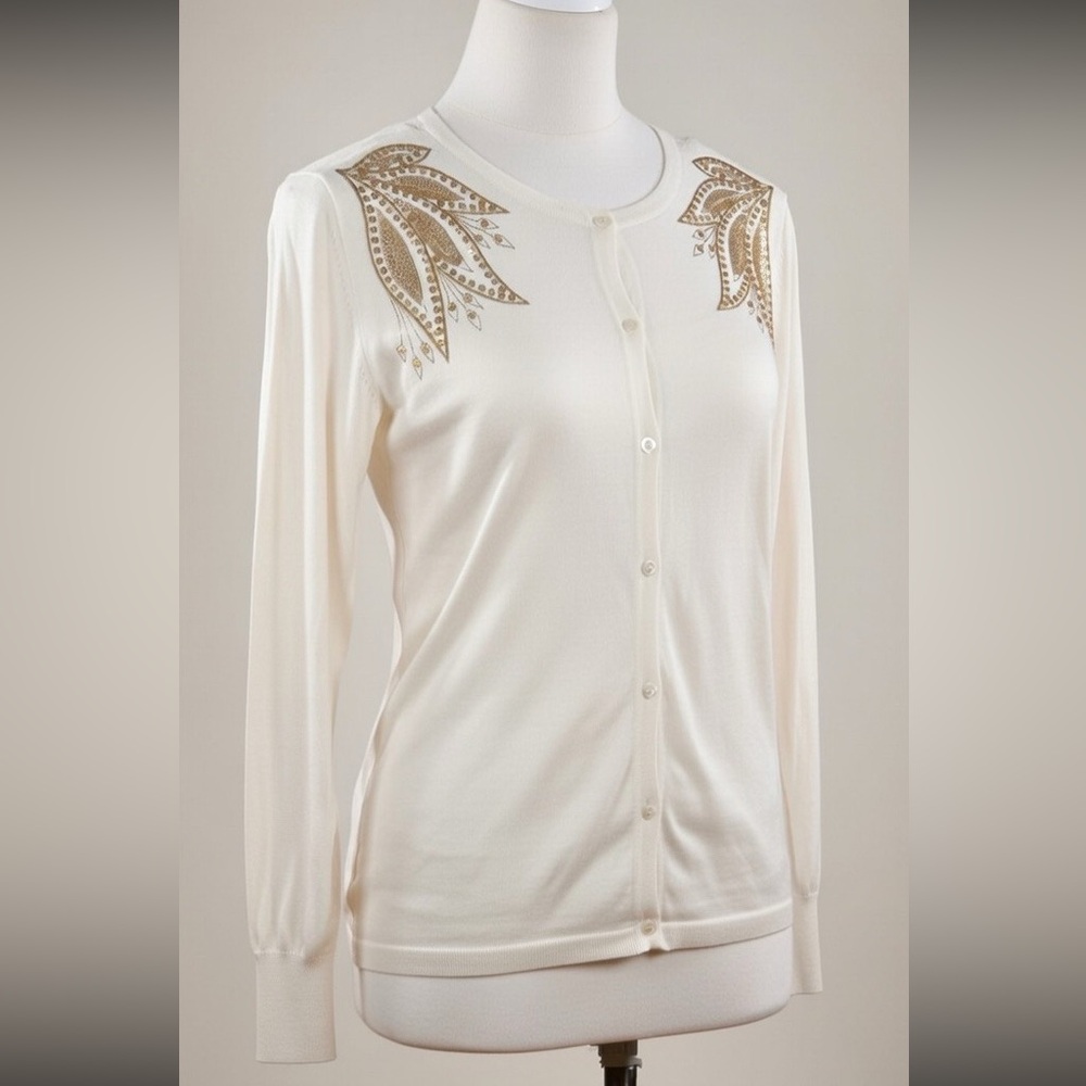 Bob Mackie Cream Embellished Button Down Polo Shirt